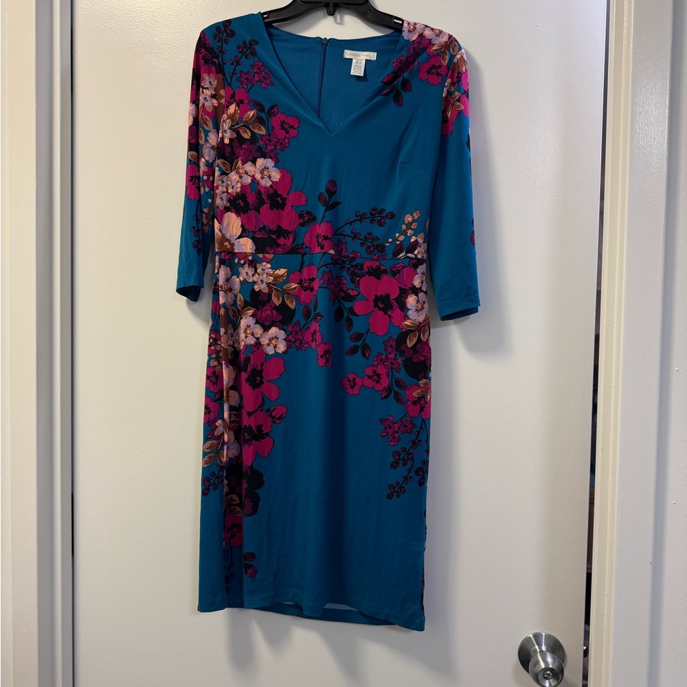 London Times Red and Pink Asymmetrical Sheath Dress
